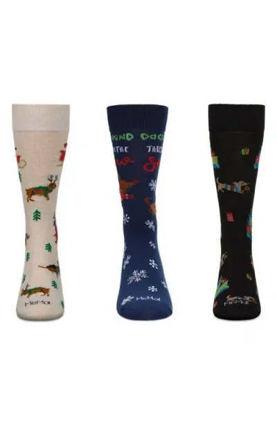 Memoi Assorted 3-pack Christmas Crew Socks In Blue