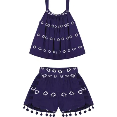 Mer St. Barth Kids'  Colette Top And Short Set In Navy Embroidery