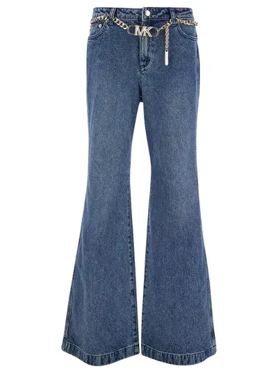 Michael Michael Kors Blue Flared Jeans With Chain Belt In Denim Woman In Beige