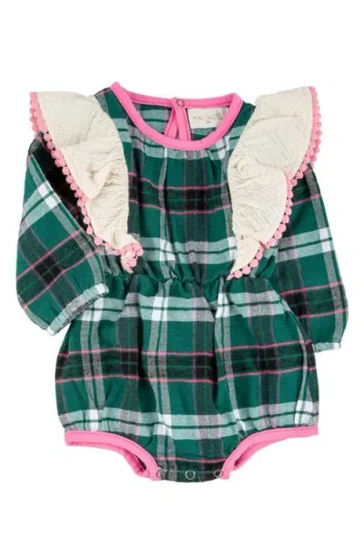 Miki Miette Babies'  Plaid Ruffle Accent Cotton Bubble Romper In Ivy