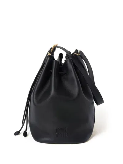 Miu Miu Logo-embossed Leather Bucket Bag In Black