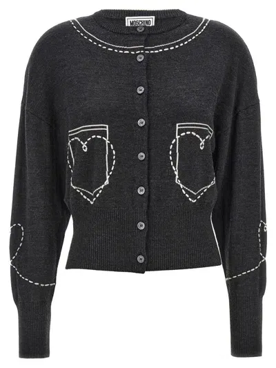 Mo5ch1no Jeans Contrast Embroidery Cardigan In Gray