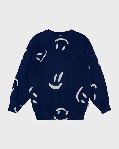 Molo Kids' Boy's Monti Happy Face Sweatshirt In Big Smiles Navy