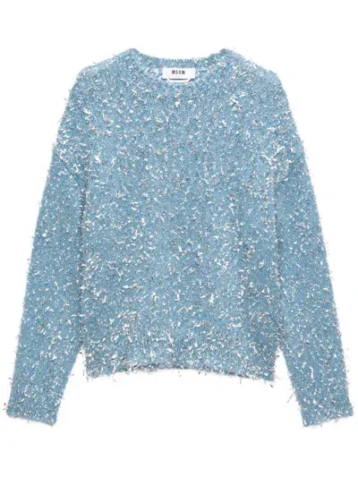 Msgm Frayed-effect Crew-neck Jumper In Blue