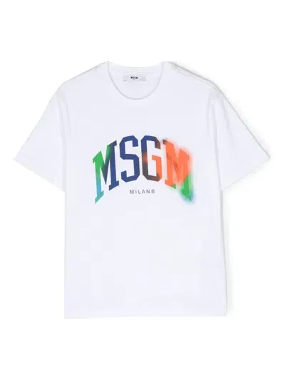 Msgm Kids' Logo-print Cotton T-shirt In White