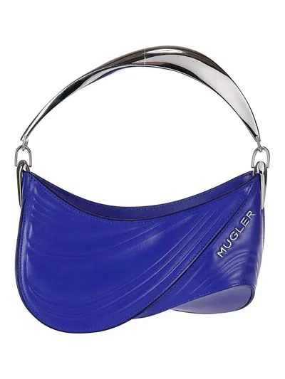 Mugler Logo Plaque Zipped Shoulder Bag In Blue