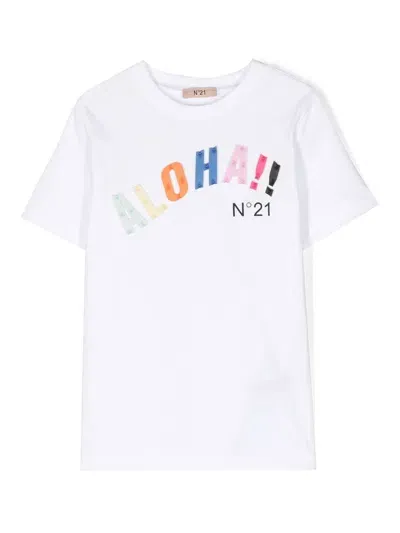 N°21 Kids' Slogan-appliqué Logo-print T-shirt In White