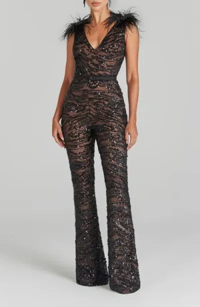 Nadine Merabi Jenna Ostrich Feather Trim Sequin Belted Jumpsuit In Black