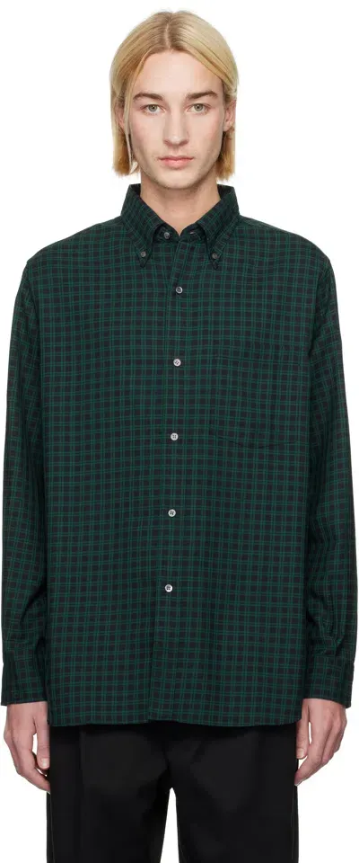 Nanamica Navy & Green Button Down Wool Plaid Shirt In Ng Navy X Green