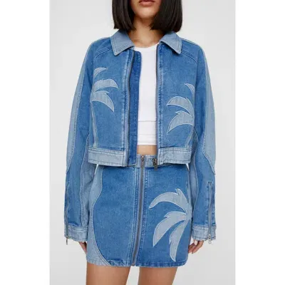 Nasty Gal Palm Cutwork Crop Denim Jacket In Authentic Midwash