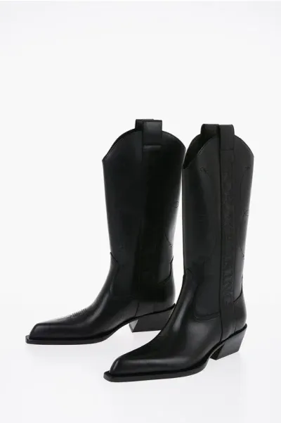 Off-white For Walking Leather Western Boots With Embroideries In Black