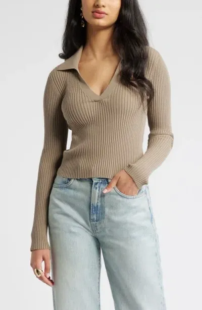 Open Edit Luxe Sculpt Rib Polo Sweater In Grey Chia