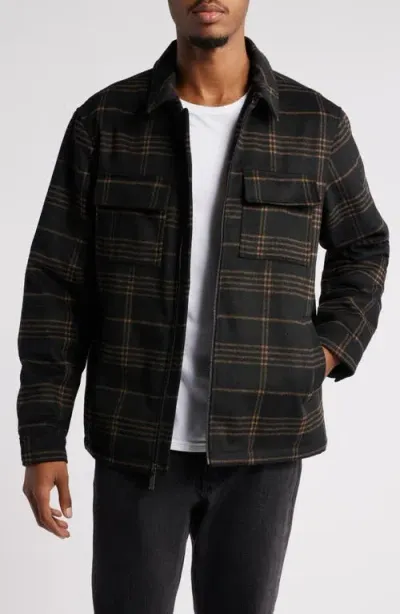 Open Edit Plaid Flannel Zip-up Shirt Jacket In Black- Brown Grid Plaid