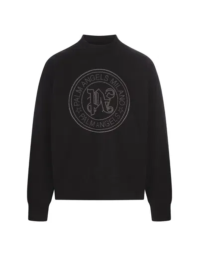 Palm Angels Black Sweatshirt With Round Logo And Monogram