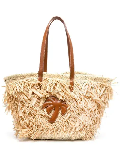 Palm Angels Palm-appliqué Raffia Tote Bag In Beige