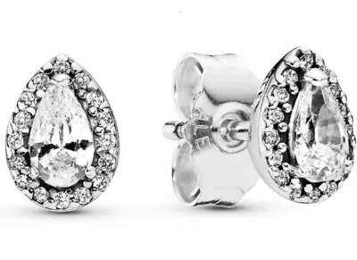 Pandora Jewels Mod. Silver Stud Earrings With Clear Cubic Zirconia ***special Price*** In Metallic