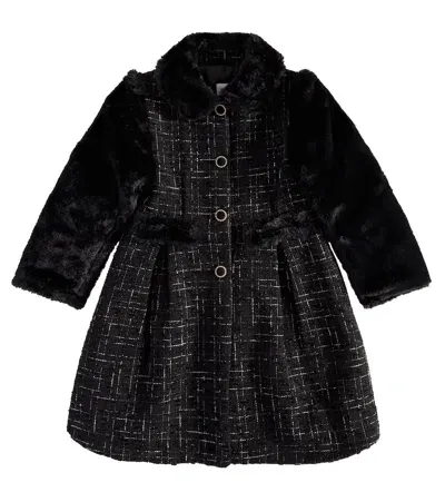 Patachou Kids' Faux Fur And Tweed Coat In Black