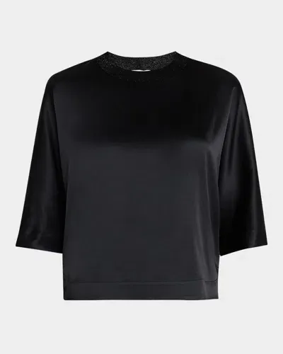 Peserico Beaded 3/4-sleeve Satin T-shirt In Black