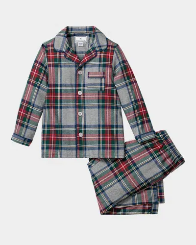 Petite Plume Kids' Boy's Westminster Tartan-print Pajama Set In Grey