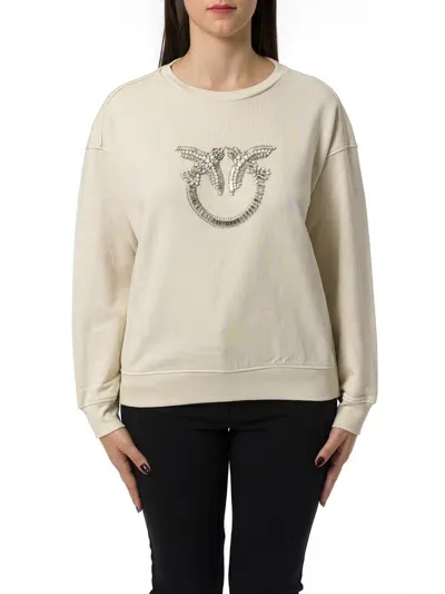 Pinko Love Birds Embroidered Rhinestone Crewneck Sweatshirt In White