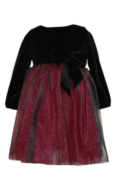 Popatu Panne Long Sleeve Velvet & Tulle Party Dress In Black/red