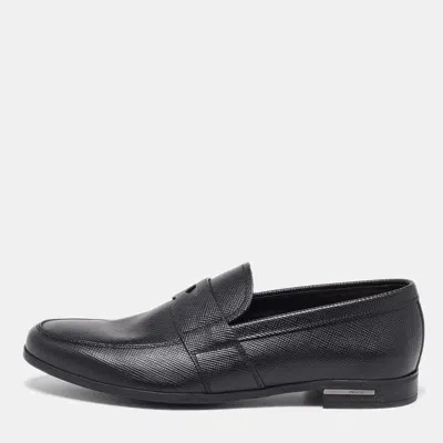 Pre-owned Prada Black Leather Penny Loafers Size 39.5