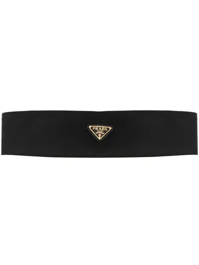 Prada Gold Logo Hairband In Nero 1