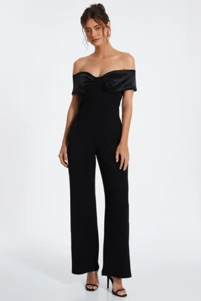 Quiz Bardot Scuba Crepe Jumpsuit With Satin Trim In Black