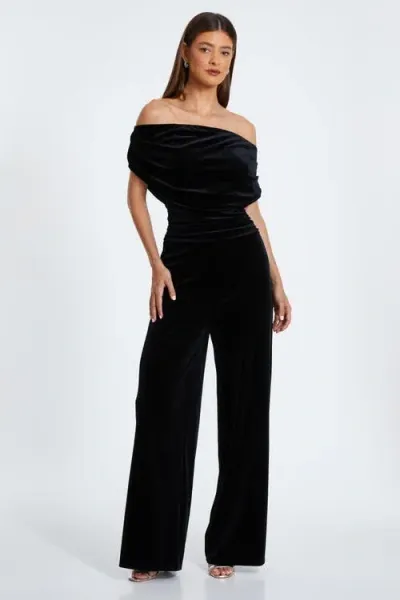 Quiz Bardot Velvet Jumpsuit In Black