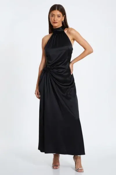 Quiz Satin Halterneck Midi Dress In Black