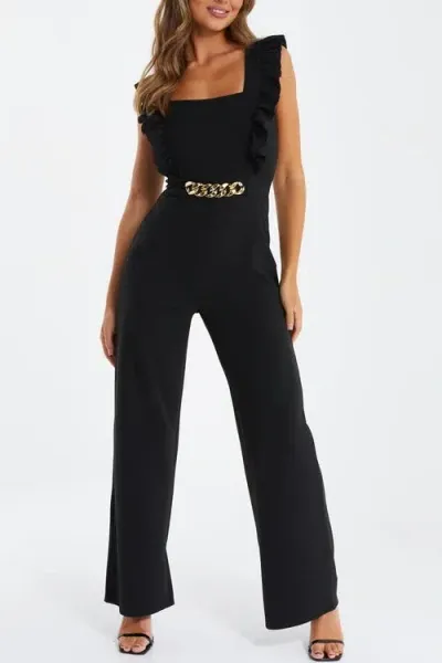 Quiz Scuba Crepe Chain Front Frill Jumpsuit In Black