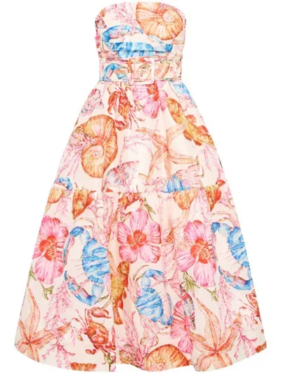 Rebecca Vallance Summer Seas Strapless Gathered Belted Printed Taffeta Midi Dress In White