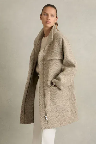 Reiss Neutral Funnel-neck Herringbone Coat With Wool