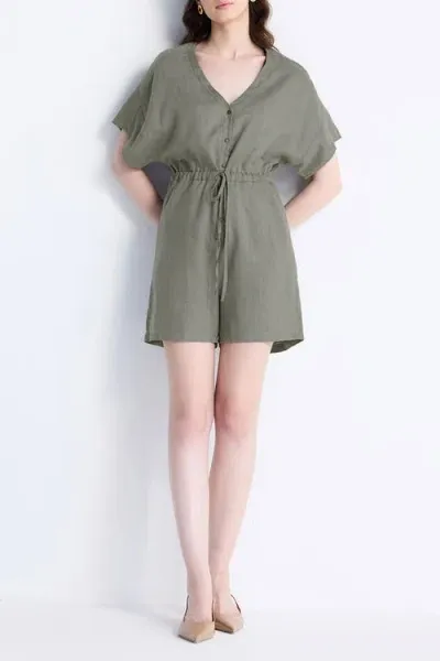 Reistor V Neck Drawstring Romper In Green