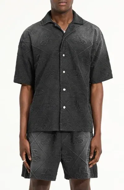 Represent Textured Logo Knit Camp Shirt In Jet Black