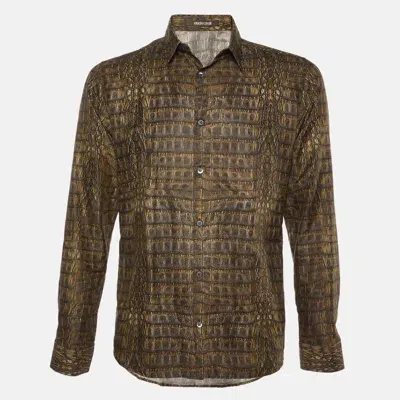 Pre-owned Roberto Cavalli Olive Brown Leather Print Cotton & Silk Long Sleeve Shirt L