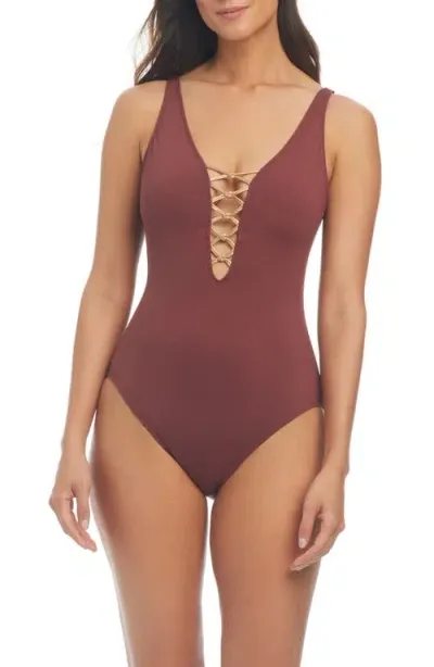 Rod Beattie Kore Lace Down Mio One-piece Swimsuit In Chipotle/rose Gold