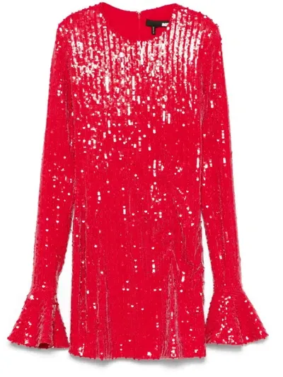 Rotate Birger Christensen Sequin Long-sleeves Mini Dress In Red