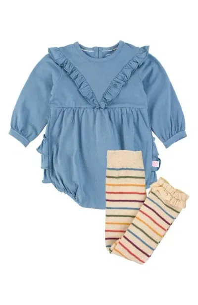 Rufflebutts Babies'  Ruffle Chambray Bubble Romper & Rainbow Stripe Leggings Set In Country Blue Plaid