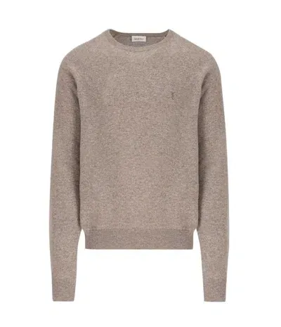 Saint Laurent Cassandre Crewneck Jumper In Beige