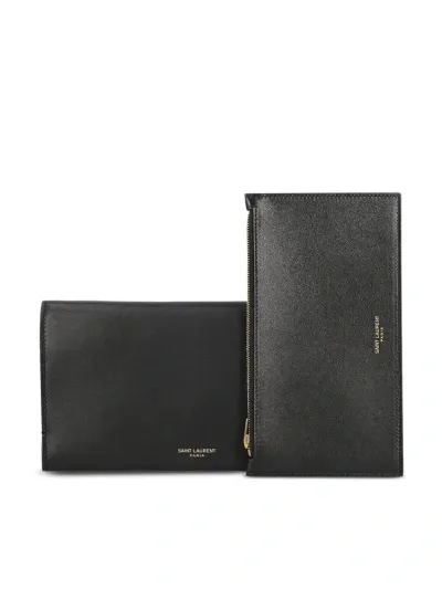 Saint Laurent Logo Printed Wallet Set In Black