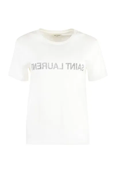 Saint Laurent Women's Reverse Logo-print T-shirt In White