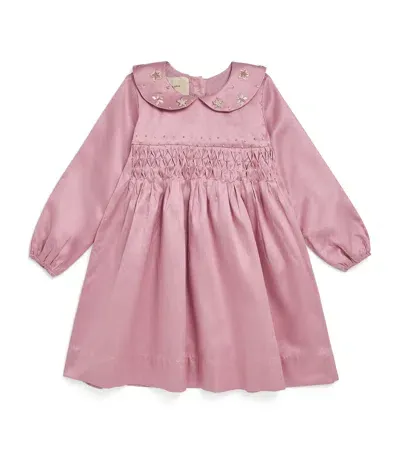 Shatha Essa Kids' Satin Embellished Smocked Dress In Pink