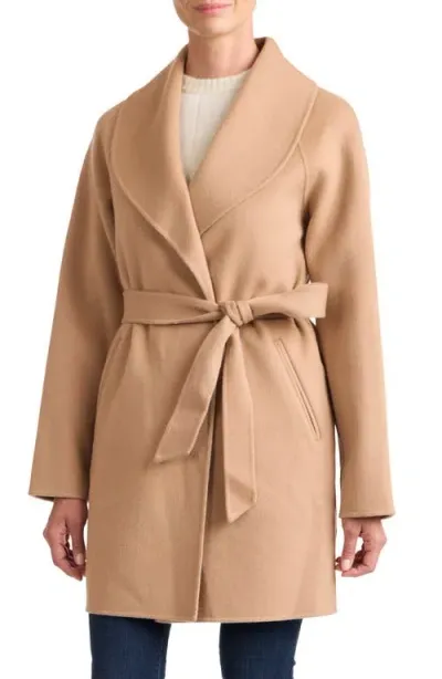 Sofia Cashmere Double Face Wool Blend Wrap Coat In Camel