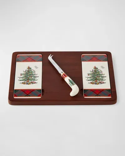 Spode Christmas Tree Tartan Cheese Board & Knife Set In Green