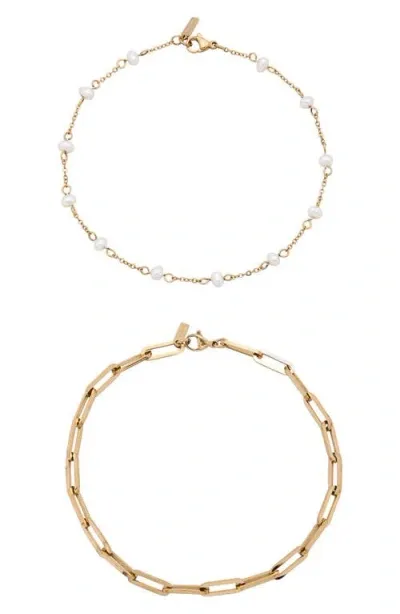 St. Moran Set Of 2 Freshwater Pearl & Paper Clip Chain Anklets In White