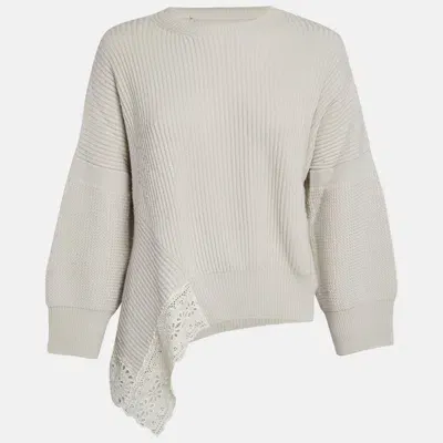 Pre-owned Stella Mccartney Grey Lace Trim Rib Knit Asymmetric Sweater S In White