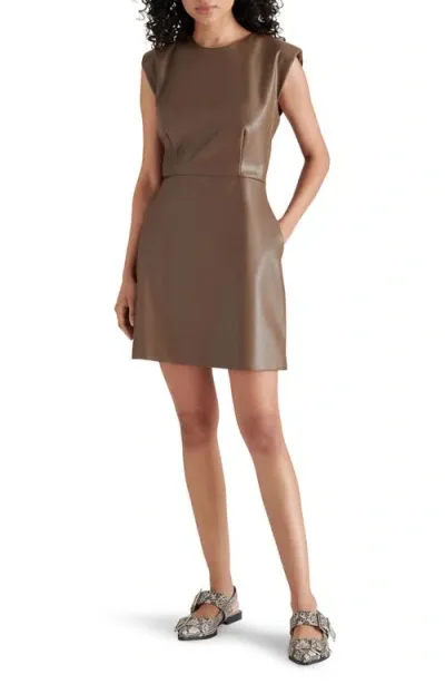 Steve Madden Belen Padded Shoulder Faux Leather Minidress In Brown