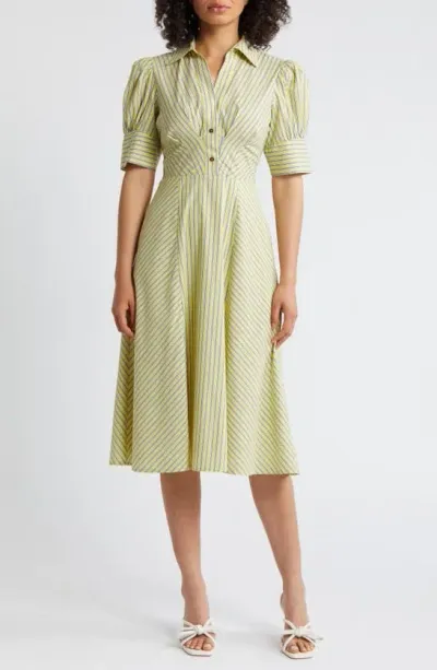 Tahari Asl Directional Stripe Puff Sleeve Shirtdress In Lemonade Blue