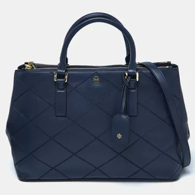 Pre-owned Tory Burch Blue Wild Stitch Leather Robinson Double Zip Tote